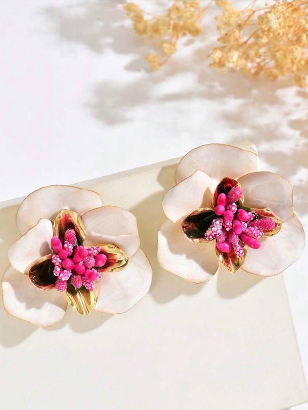 Fashion Jewelry White Flower Earrings with Pink Center and Gold Accents - Picture 2 of 3